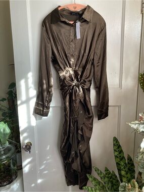 Olive Satin Tie-Waist Shirt Dress